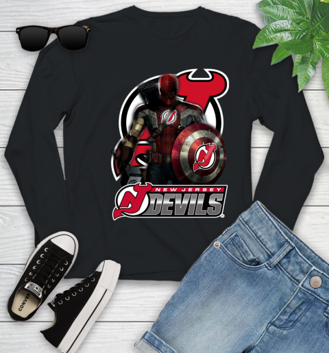 NHL Captain America Thor Spider Man Hawkeye Avengers Endgame Hockey New Jersey Devils Youth Long Sleeve 2
