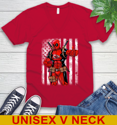 NFL Football Kansas City Chiefs Deadpool American Flag Shirt V-Neck T-Shirt 6