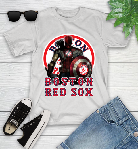 MLB Captain America Thor Spider Man Hawkeye Avengers Endgame Baseball Boston Red Sox Youth T-Shirt