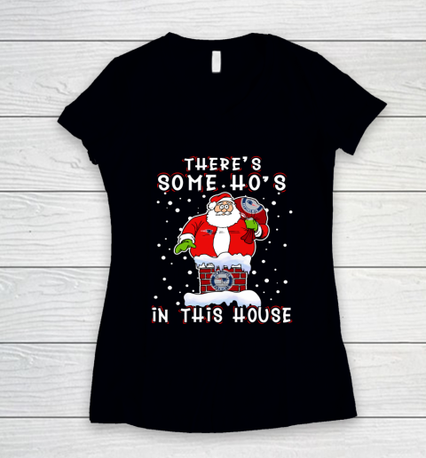 New England Patriots Christmas There Is Some Hos In This House Santa Stuck In The Chimney NFL Women's V-Neck T-Shirt
