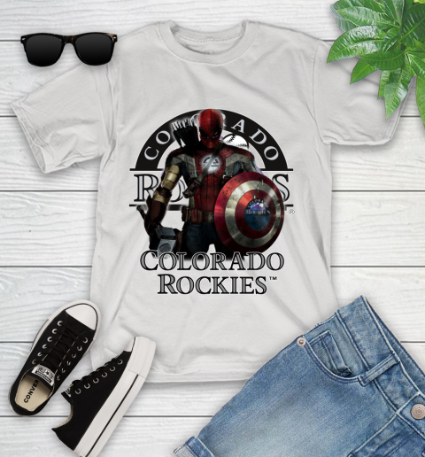 MLB Captain America Thor Spider Man Hawkeye Avengers Endgame Baseball Colorado Rockies Youth T-Shirt
