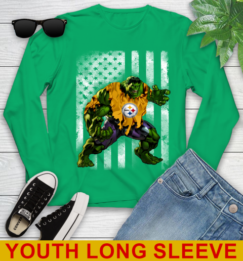 Pittsburgh Steelers Hulk Marvel Avengers NFL Football American Flag Youth Long Sleeve 7