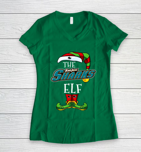 San Jose Sharks Christmas ELF Funny NHL Women's V-Neck T-Shirt 3