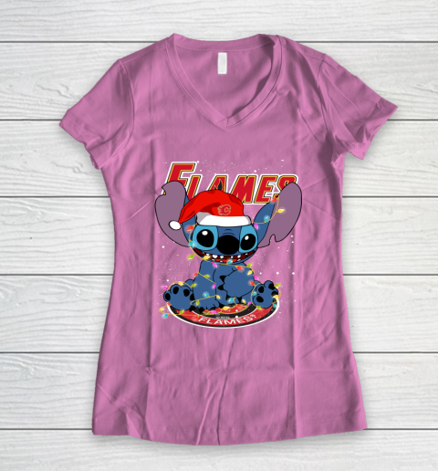 Calgary Flames NHL Hockey noel stitch Christmas Women's V-Neck T-Shirt 8