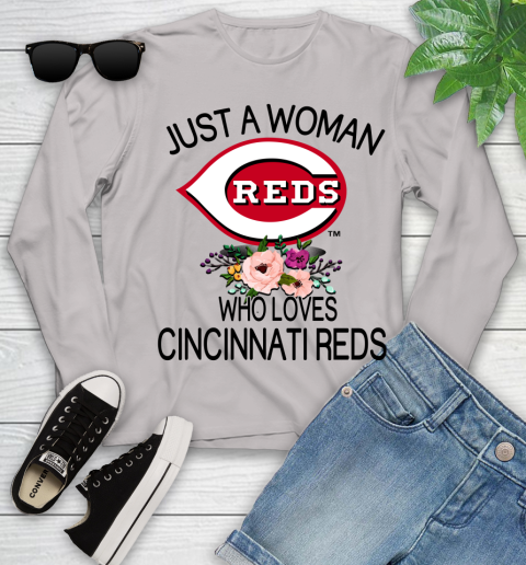 MLB Just A Woman Who Loves Cincinnati Reds Baseball Sports Youth Long Sleeve 9