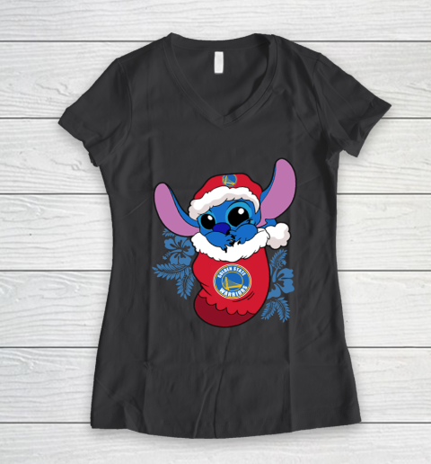 Golden State Warriors Christmas Stitch In The Sock Funny Disney NBA Women's V-Neck T-Shirt 8