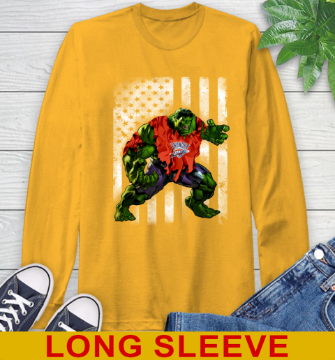 Oklahoma City Thunder Hulk Marvel Avengers NBA Basketball American Flag Long Sleeve T-Shirt 3 Oklahoma City Thunder Hulk Marvel Avengers NBA Basketball American Flag Long Sleeve T-Shirt - Image 3