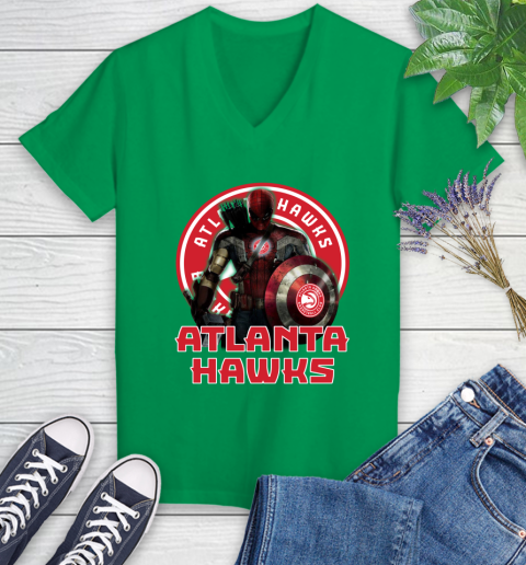Atlanta Hawks NBA Basketball Captain America Thor Spider Man Hawkeye Avengers Women's V-Neck T-Shirt 5