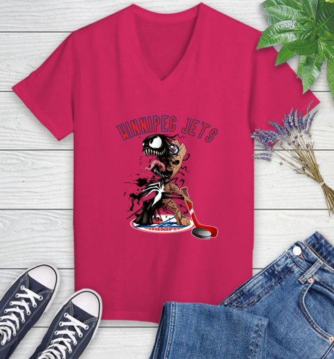 NHL Winnipeg Jets Hockey Venom Groot Guardians Of The Galaxy Women's V-Neck T-Shirt 9