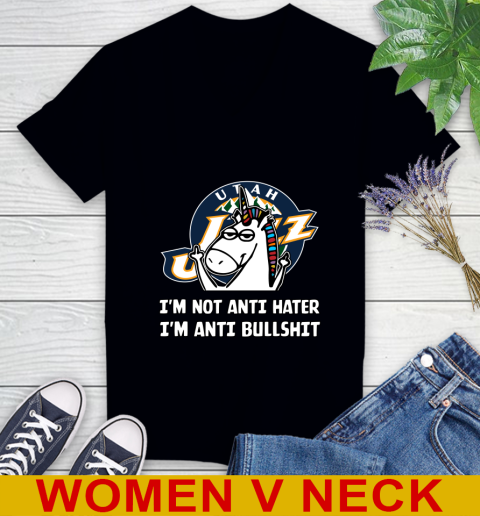 Utah Jazz NBA Basketball Unicorn I'm Not Anti Hater I'm Anti Bullshit Women's V-Neck T-Shirt 2