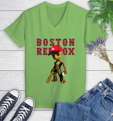MLB Boston Red Sox Groot Guardians Of The Galaxy Baseball Women's V-Neck T-Shirt 11