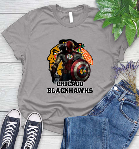 NHL Captain America Thor Spider Man Hawkeye Avengers Endgame Hockey Chicago Blackhawks Women's T-Shirt 5