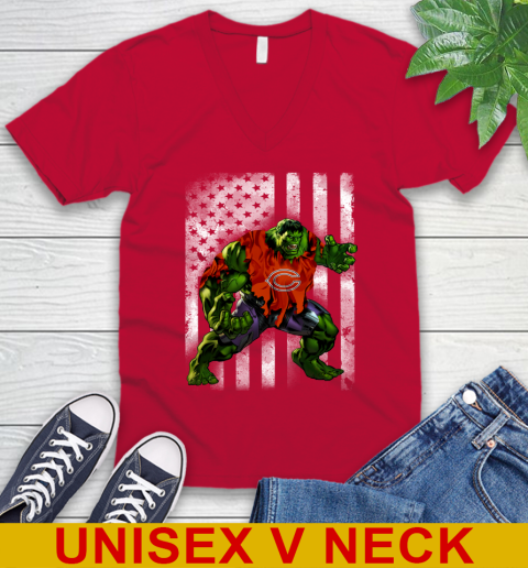 Chicago Bears Hulk Marvel Avengers NFL Football American Flag V-Neck T-Shirt 6