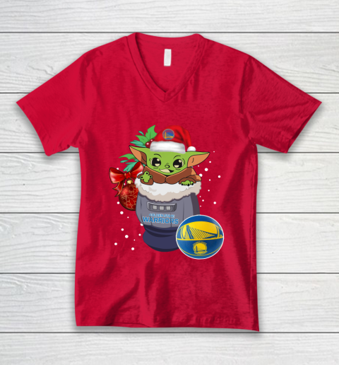 Golden State Warriors Christmas Baby Yoda Star Wars Funny Happy NBA V-Neck T-Shirt 7