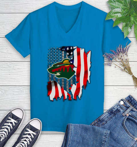 Minnesota Wild NHL Hockey American Flag Women's V-Neck T-Shirt 7