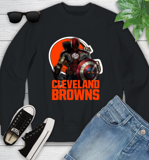 NFL Captain America Thor Spider Man Hawkeye Avengers Endgame Football Cleveland Browns Youth Sweatshirt 2