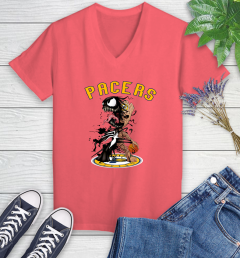 NBA Indiana Pacers Basketball Venom Groot Guardians Of The Galaxy Women's V-Neck T-Shirt 6
