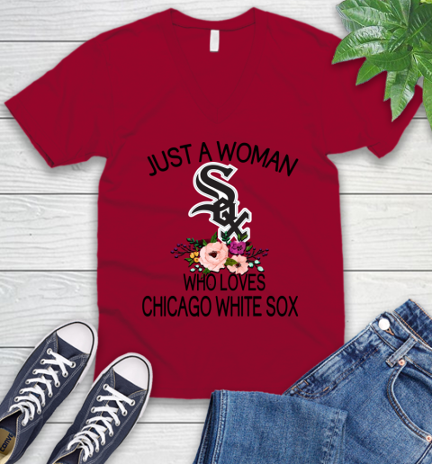 MLB Just A Woman Who Loves Chicago White Sox Baseball Sports V-Neck T-Shirt 5
