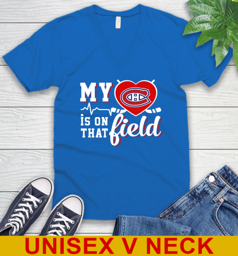 NHL My Heart Is On That Field Hockey Sports Montreal Canadiens V-Neck T-Shirt - Image 6