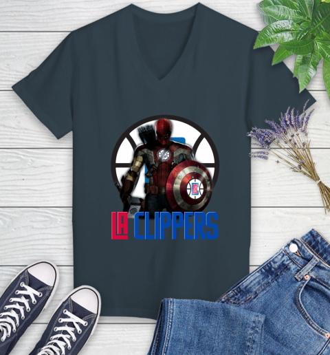 LA Clippers NBA Basketball Captain America Thor Spider Man Hawkeye Avengers Women's V-Neck T-Shirt 8