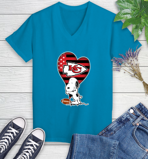 Kansas City Chiefs NFL Football The Peanuts Movie Adorable Snoopy Women's V-Neck T-Shirt 7