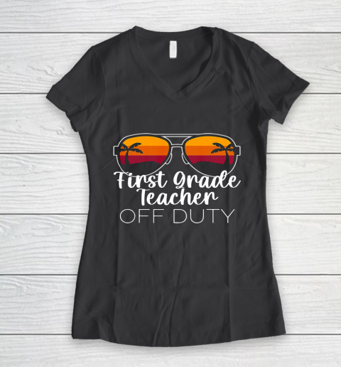 1st Grade Teacher Off Duty Sunglasses Beach Sunset Women's V-Neck T-Shirt 6