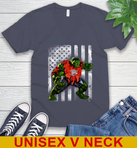 Oklahoma City Thunder Hulk Marvel Avengers NBA Basketball American Flag V-Neck T-Shirt 7