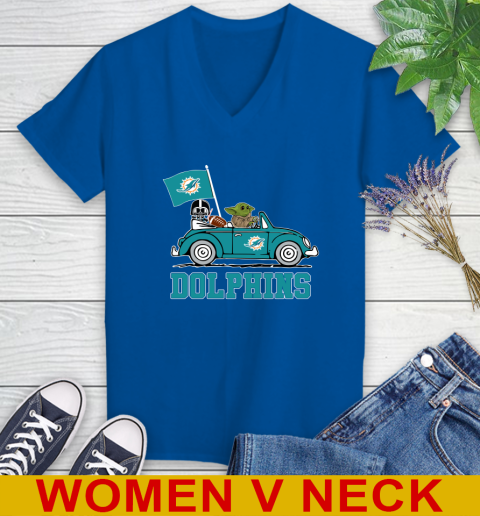 NFL Football Miami Dolphins Darth Vader Baby Yoda Driving Star Wars Shirt Women's V-Neck T-Shirt 11