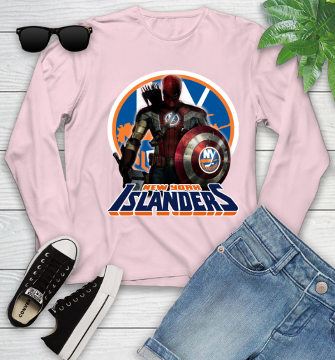 NHL Captain America Thor Spider Man Hawkeye Avengers Endgame Hockey New York Islanders Youth Long Sleeve 10