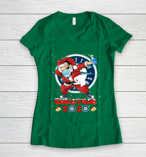 Seattle Mariners Funny Santa Claus Dabbing Christmas 2020 MLB Women's V-Neck T-Shirt 3