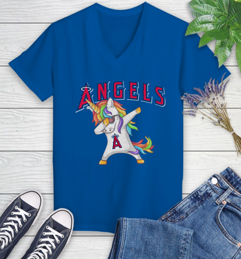 Los Angeles Angels MLB Baseball Funny Unicorn Dabbing Sports Women's V-Neck T-Shirt 10
