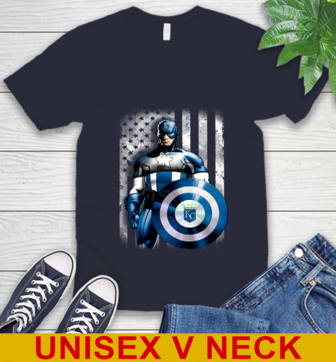 Kansas City Royals MLB Baseball Captain America Marvel Avengers American Flag Shirt V-Neck T-Shirt 2