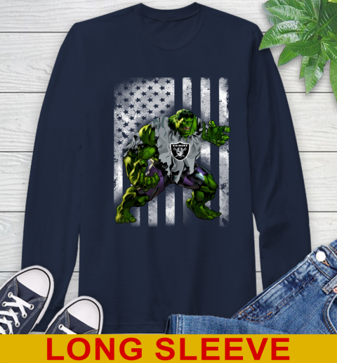 Oakland Raiders Hulk Marvel Avengers NFL Football American Flag Long Sleeve T-Shirt 3