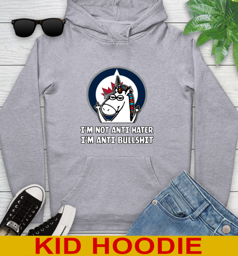 Winnipeg Jets NHL Hockey Unicorn I'm Not Anti Hater I'm Anti Bullshit Youth Hoodie 6