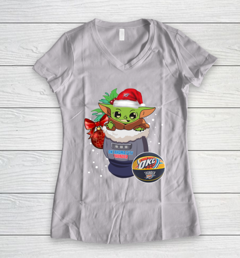 Oklahoma City Thunder Christmas Baby Yoda Star Wars Funny Happy NBA Women's V-Neck T-Shirt 2