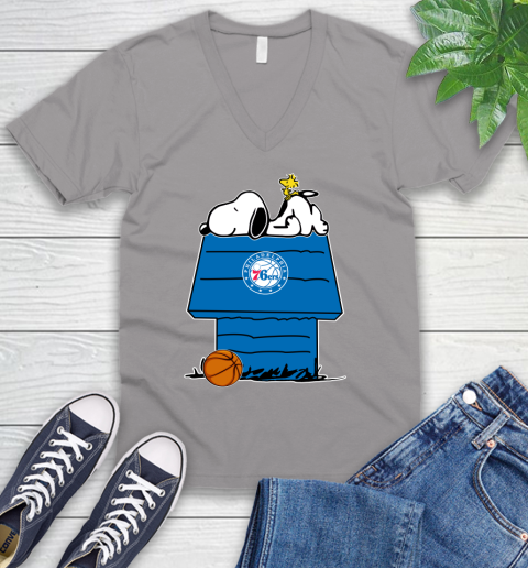 Philadelphia 76ers NBA Basketball Snoopy Woodstock The Peanuts Movie V-Neck T-Shirt 4