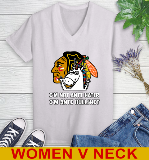 Chicago Blackhawks NHL Hockey Unicorn I'm Not Anti Hater I'm Anti Bullshit Women's V-Neck T-Shirt