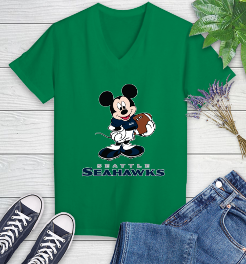 NFL Football Seattle Seahawks Cheerful Mickey Mouse Shirt Women's V-Neck T-Shirt 5