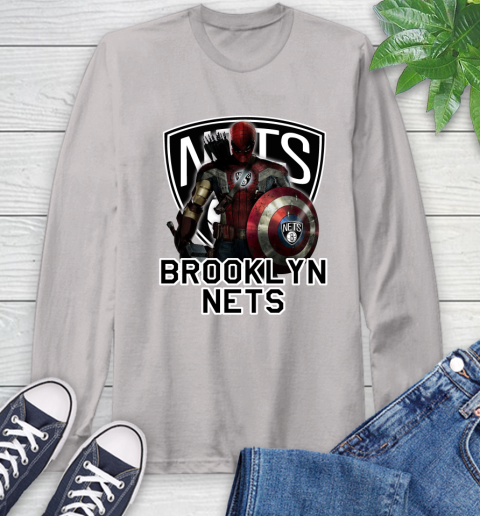 Brooklyn Nets NBA Basketball Captain America Thor Spider Man Hawkeye Avengers Long Sleeve T-Shirt 12