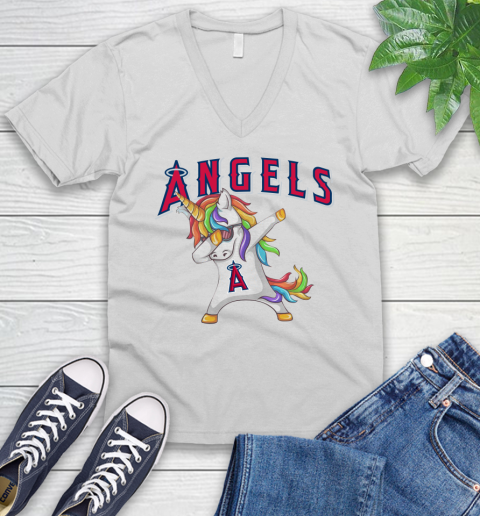 Los Angeles Angels MLB Baseball Funny Unicorn Dabbing Sports V-Neck T-Shirt