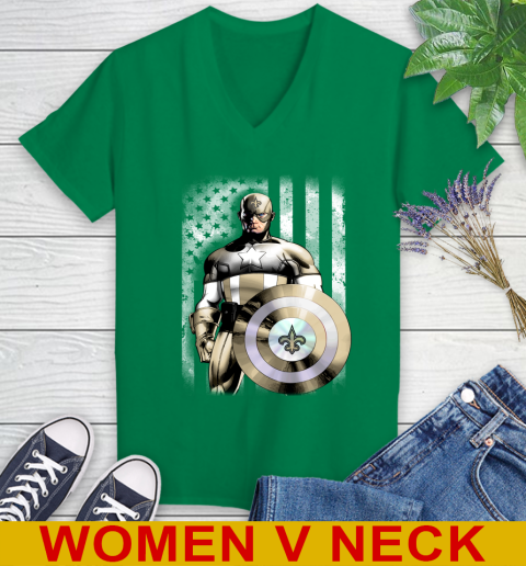 New Orleans Saints NFL Football Captain America Marvel Avengers American Flag Shirt Women's V-Neck T-Shirt 5