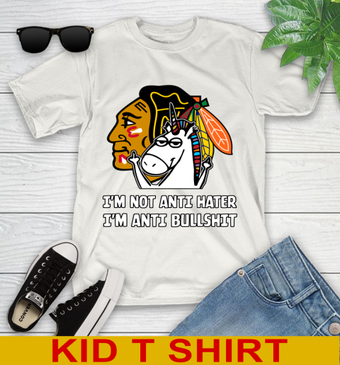Chicago Blackhawks NHL Hockey Unicorn I'm Not Anti Hater I'm Anti Bullshit Youth T-Shirt