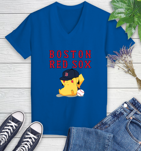 MLB Pikachu Baseball Sports Boston Red Sox Women's V-Neck T-Shirt 10