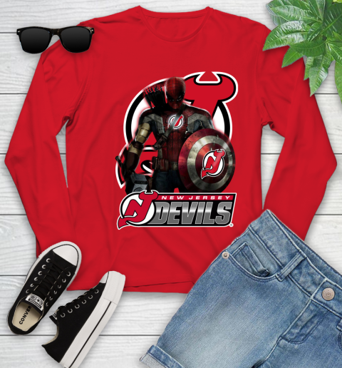 NHL Captain America Thor Spider Man Hawkeye Avengers Endgame Hockey New Jersey Devils Youth Long Sleeve 11