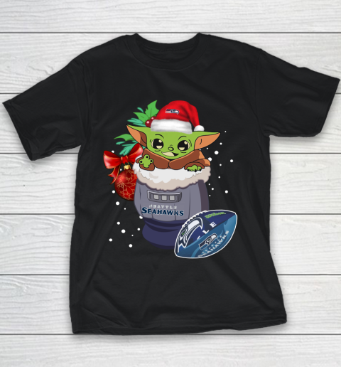 Seattle Seahawks Christmas Baby Yoda Star Wars Funny Happy NFL Youth T-Shirt 2