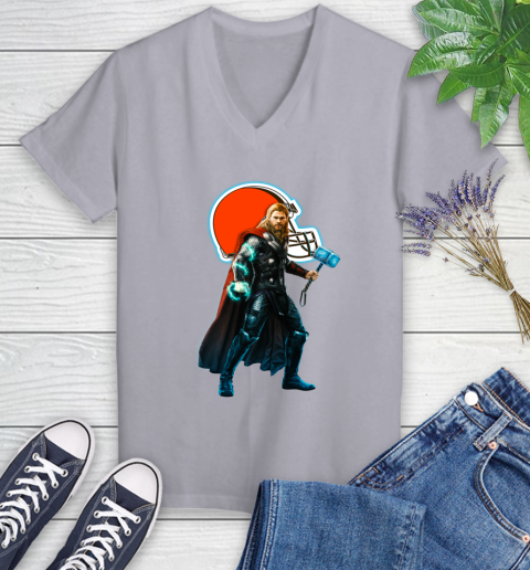 NFL Thor Avengers Endgame Football Cleveland Browns Women's V-Neck T-Shirt 4