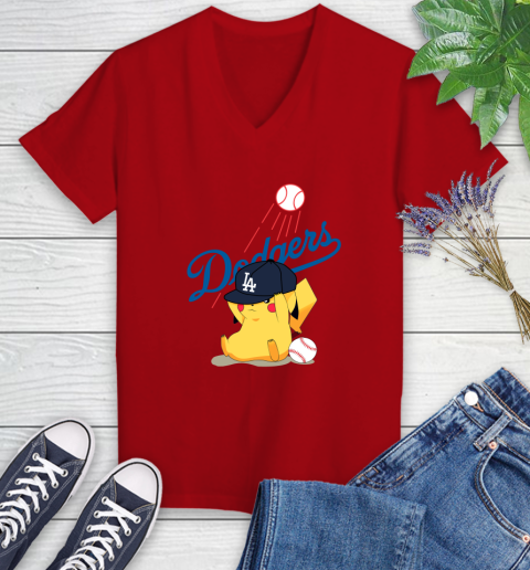 MLB Pikachu Baseball Sports Los Angeles Dodgers Women's V-Neck T-Shirt 12