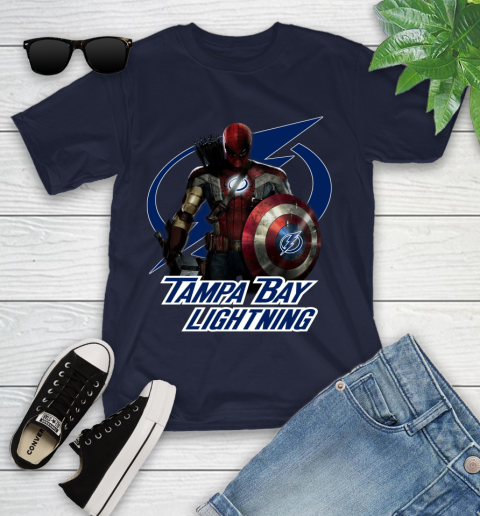 NHL Captain America Thor Spider Man Hawkeye Avengers Endgame Hockey Tampa Bay Lightning Youth T-Shirt 3