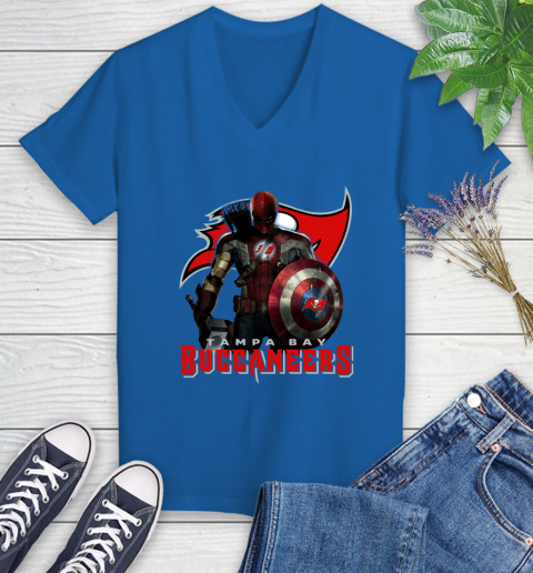 NFL Captain America Thor Spider Man Hawkeye Avengers Endgame Football Tampa Bay Buccaneers Women's V-Neck T-Shirt 10