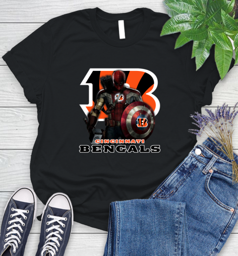 NFL Captain America Thor Spider Man Hawkeye Avengers Endgame Football Cincinnati Bengals Women's T-Shirt 2